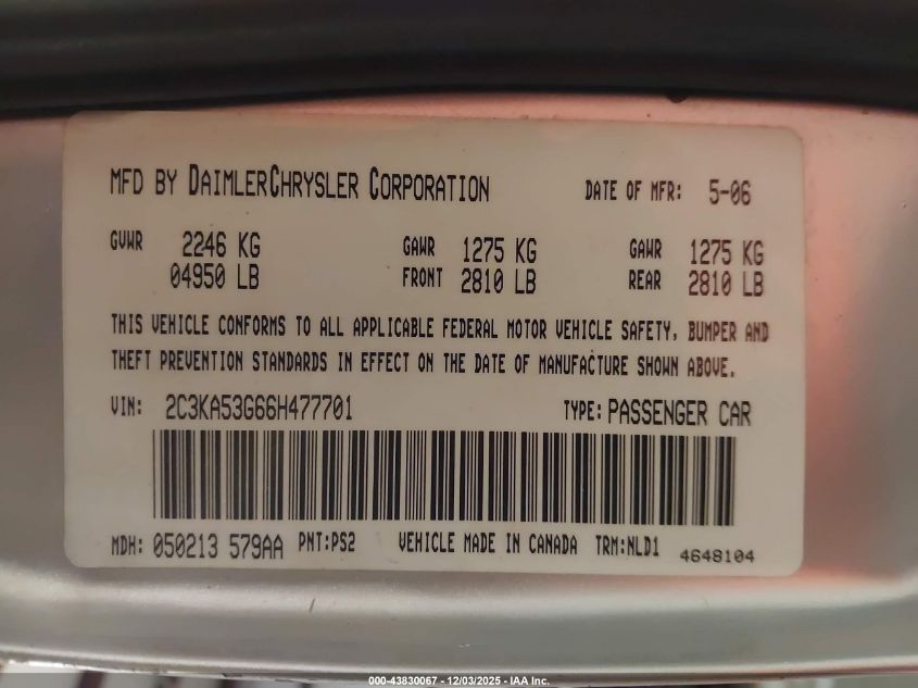 2006 Chrysler 300 Touring VIN: 2C3KA53G66H477701 Lot: 43830067