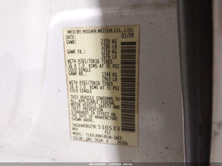 2009 Nissan Xterra S VIN: 5N1AN08U29C510533 Lot: 43830069