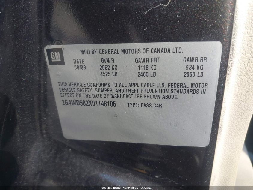 2009 Buick Lacrosse Cxl VIN: 2G4WD582X91148106 Lot: 43830082