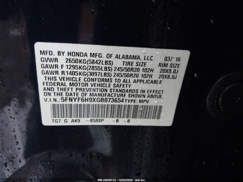 2016 Honda Pilot Touring VIN: 5FNYF6H9XGB073654 Lot: 43830112