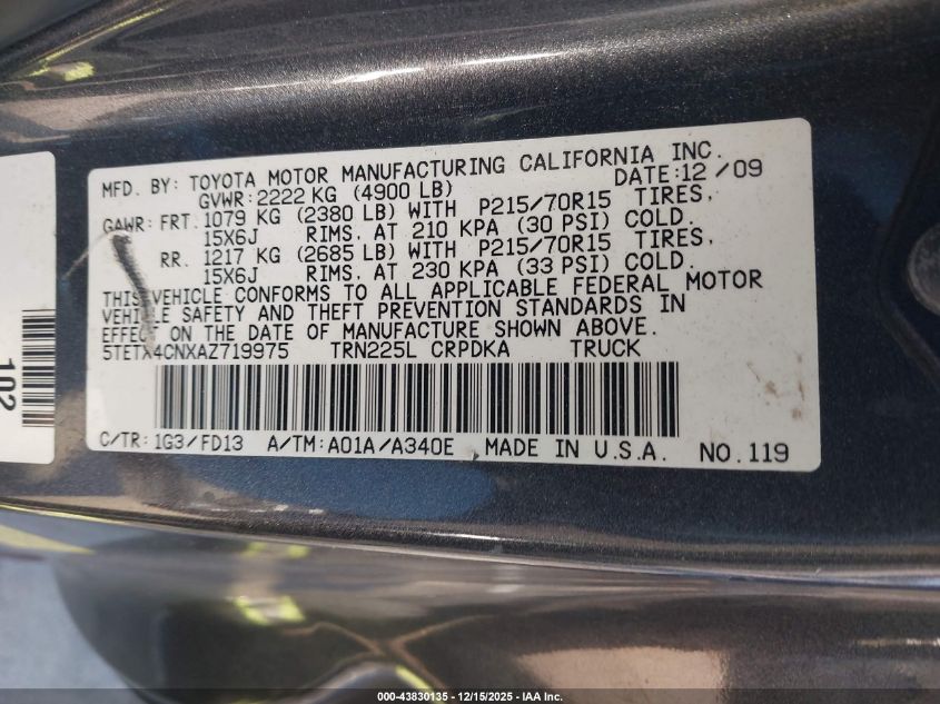 2010 Toyota Tacoma VIN: 5TETX4CNXAZ719975 Lot: 43830135