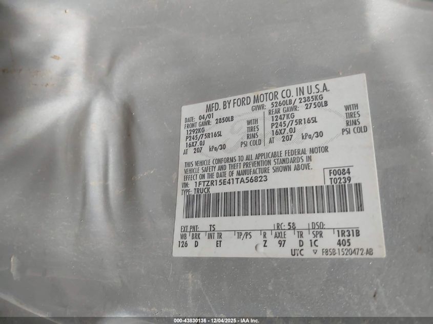 2001 Ford Ranger Edge/Xlt VIN: 1FTZR15E41TA56823 Lot: 43830136