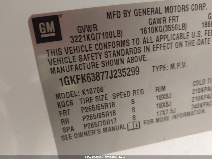 2007 GMC Yukon Denali VIN: 1GKFK63877J235299 Lot: 43830139