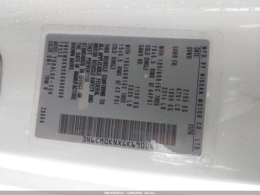 2016 Nissan Nv200 Sv VIN: 3N6CM0KNXGK690088 Lot: 43830141