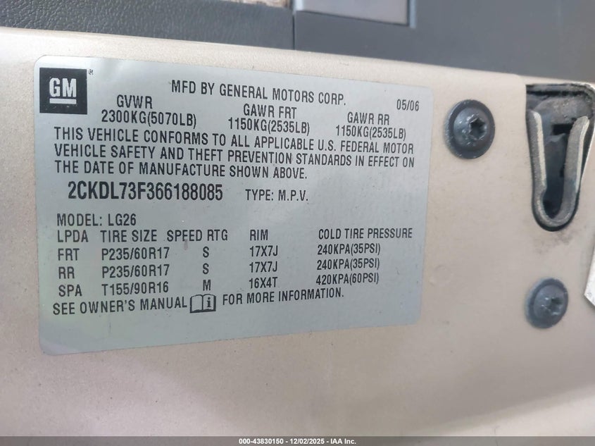 2CKDL73F366188085 2006 PONTIAC TORRENT photo no. 9