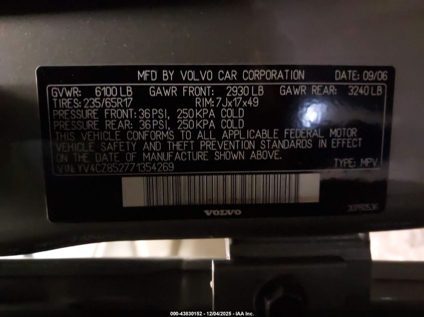 2007 Volvo Xc90 V8 VIN: YV4CZ852771354269 Lot: 43830152