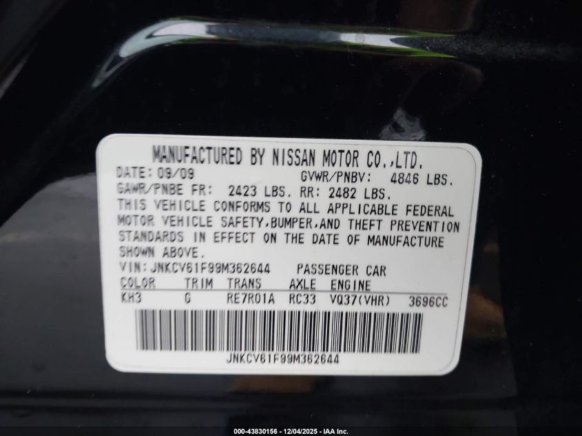2009 Infiniti G37X VIN: JNKCV61F99M362644 Lot: 43830156