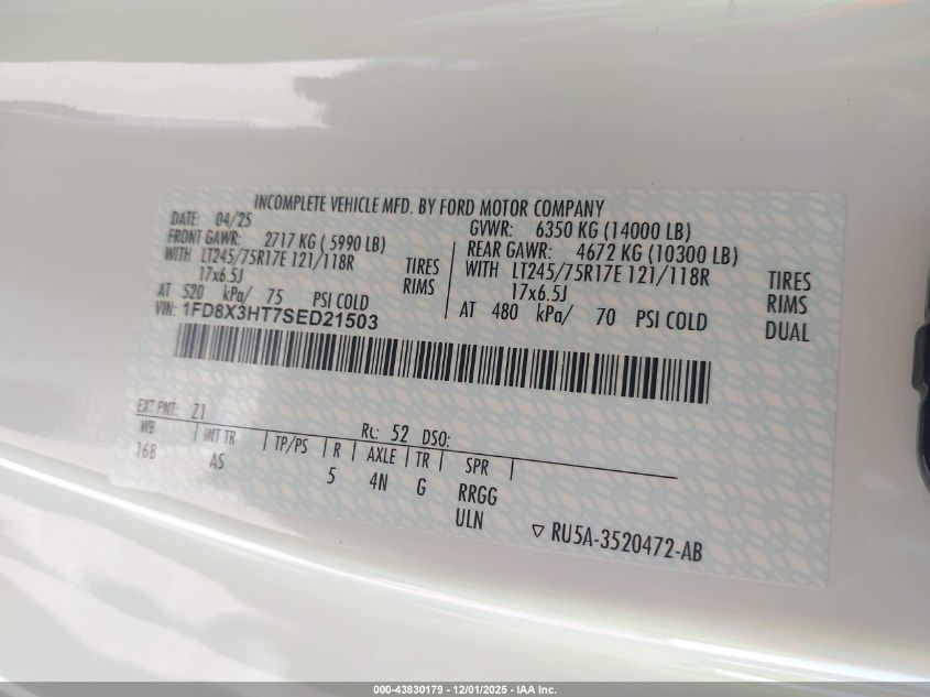 2025 Ford F-350 Chassis Xl VIN: 1FD8X3HT7SED21503 Lot: 43830179