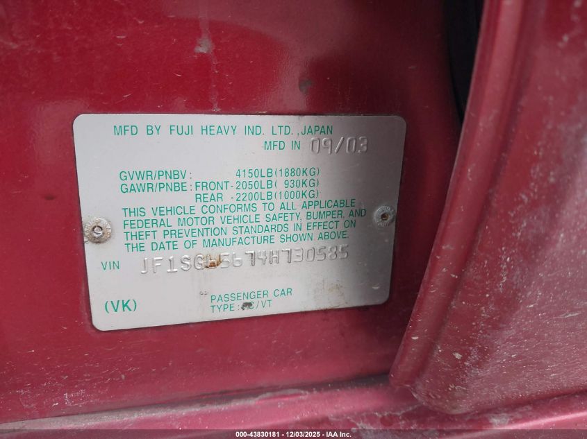 2004 Subaru Forester 2.5Xs VIN: JF1SG65674H730585 Lot: 43830181