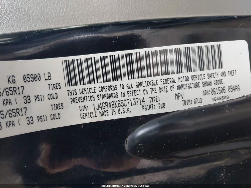 2005 Jeep Grand Cherokee Laredo VIN: 1J4GR48K65C713714 Lot: 43830194