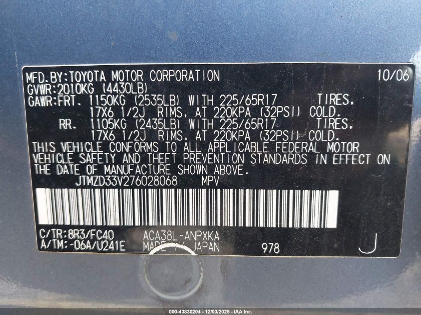 2007 Toyota Rav4 VIN: JTMZD33V276028068 Lot: 43830204