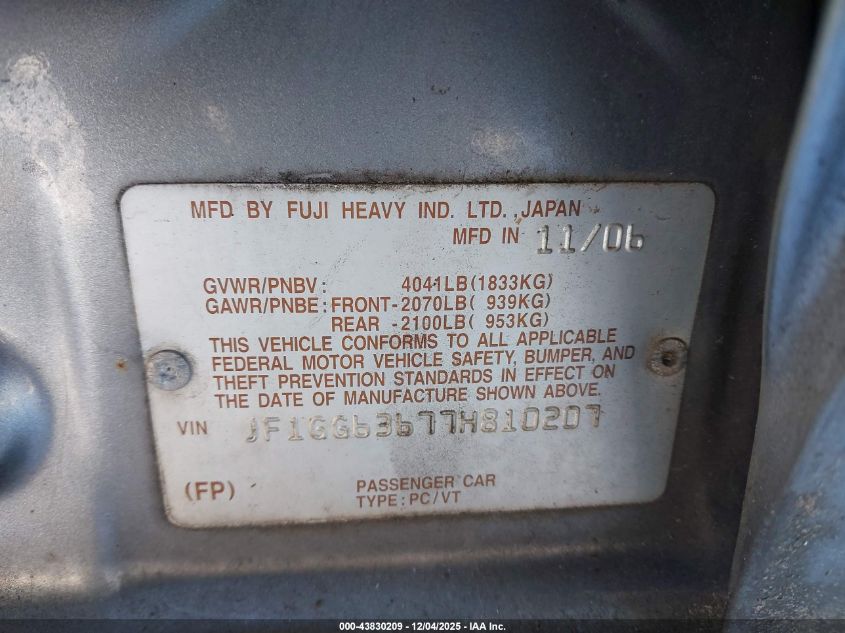 2007 Subaru Impreza Outback Sport Sp Ed VIN: JF1GG63677H810207 Lot: 43830209