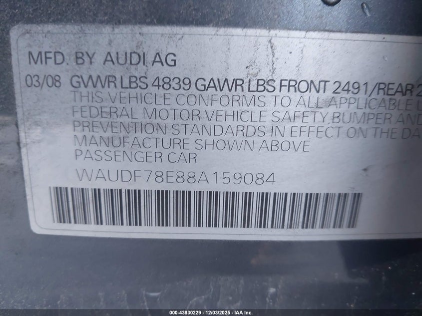 WAUDF78E88A159084 2008 AUDI A4 photo no. 9