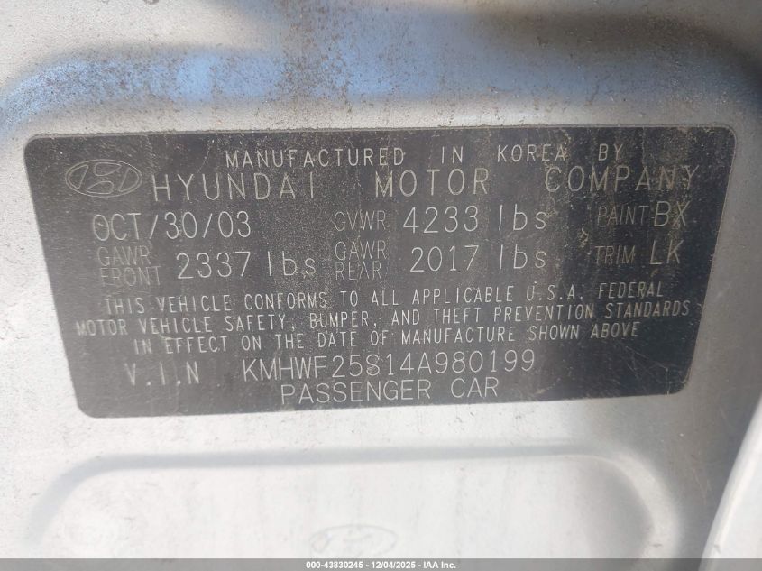 2004 Hyundai Sonata VIN: KMHWF25S14A980199 Lot: 43830245