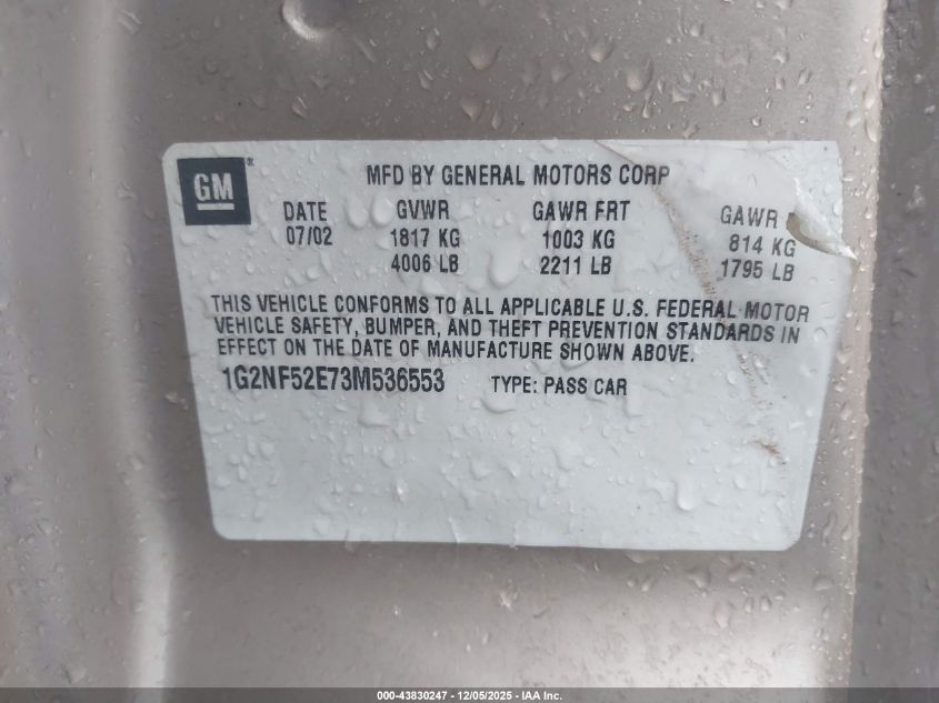 2003 Pontiac Grand Am Se1 VIN: 1G2NF52E73M536553 Lot: 43830247
