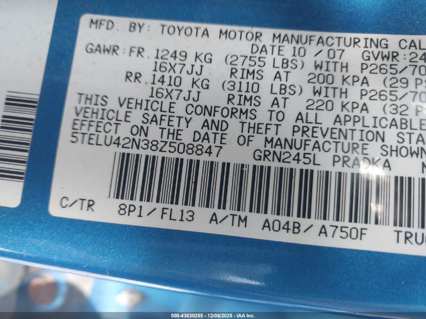 2008 Toyota Tacoma Base V6 VIN: 5TELU42N38Z508847 Lot: 43830255