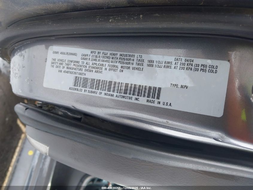 2005 Subaru Baja Sport VIN: 4S4BT62C357100274 Lot: 43830265