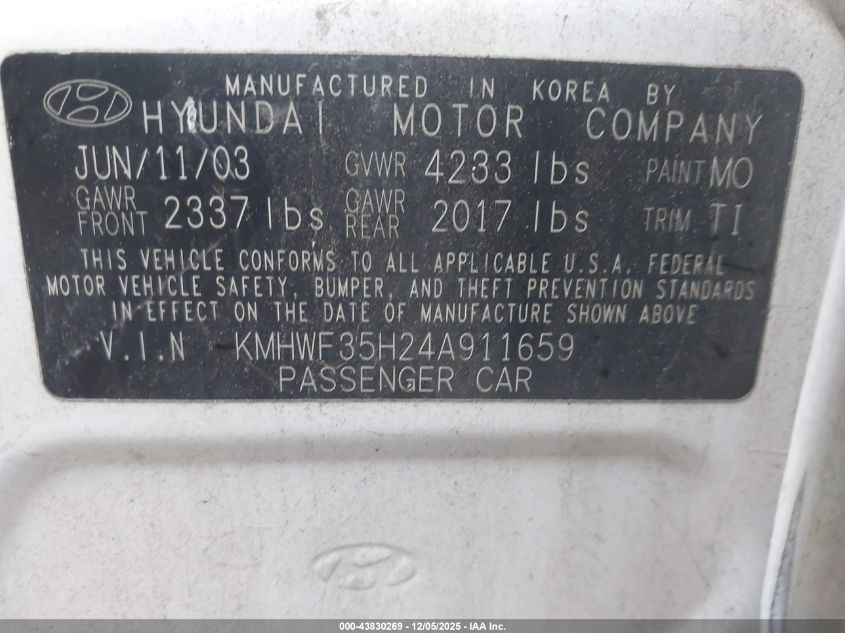 2004 Hyundai Sonata Gls/Lx VIN: KMHWF35H24A911659 Lot: 43830269