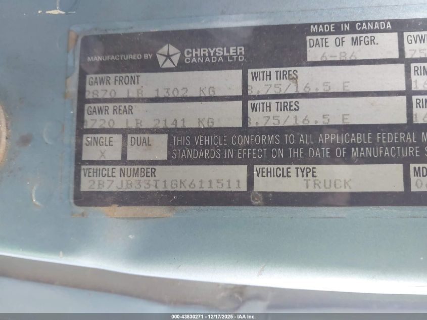1986 Dodge Ram Van B350 VIN: 2B7JB33T1GK611511 Lot: 43830271