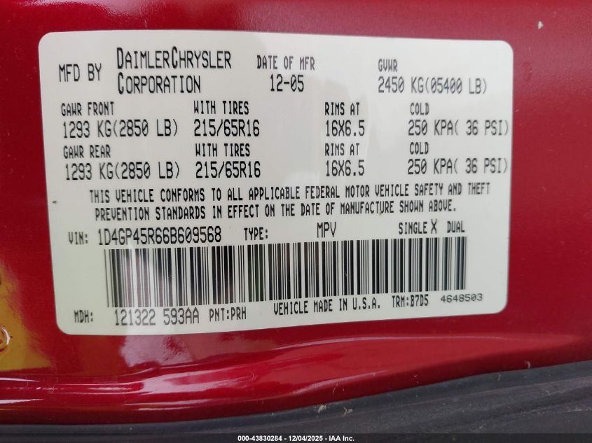 2006 Dodge Caravan Sxt VIN: 1D4GP45R66B609568 Lot: 43830284