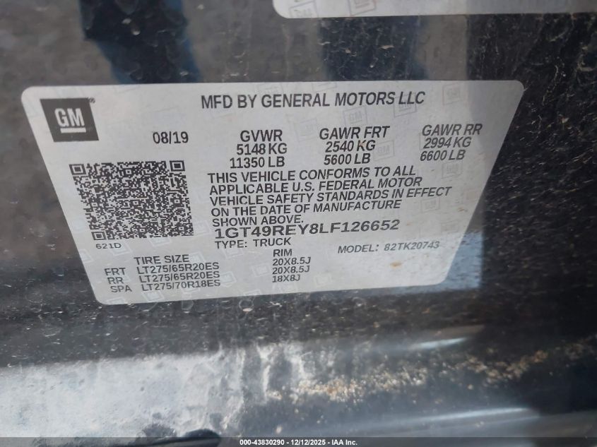 2020 GMC Sierra 2500Hd 4Wd Standard Bed Denali VIN: 1GT49REY8LF126652 Lot: 43830290