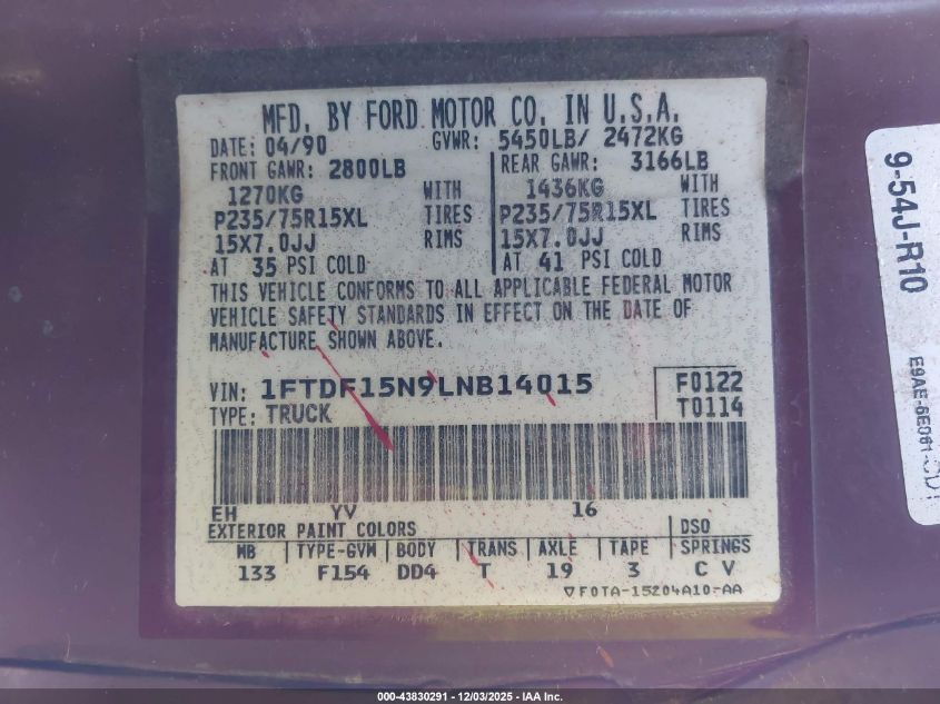 1990 Ford F150 VIN: 1FTDF15N9LNB14015 Lot: 43830291