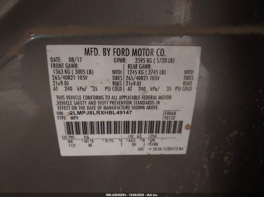 2017 Lincoln Mkx Reserve VIN: 2LMPJ8LRXHBL49147 Lot: 43830294