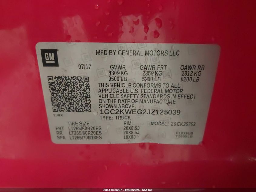 2018 Chevrolet Silverado 2500Hd Ltz VIN: 1GC2KWEG2JZ125039 Lot: 43830297