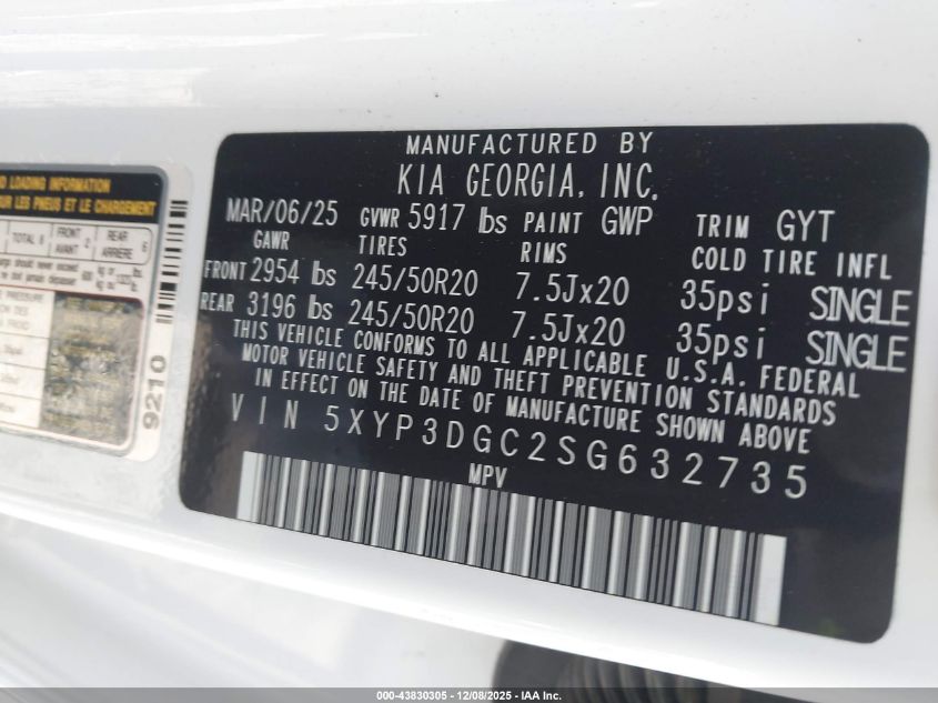 2025 Kia Telluride Ex VIN: 5XYP3DGC2SG632735 Lot: 43830305