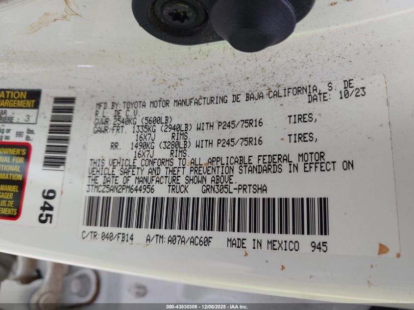 2023 Toyota Tacoma Sr V6 VIN: 3TMCZ5AN2PM644956 Lot: 43830306