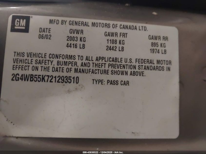 2002 Buick Regal Ls VIN: 2G4WB55K721293510 Lot: 43830322