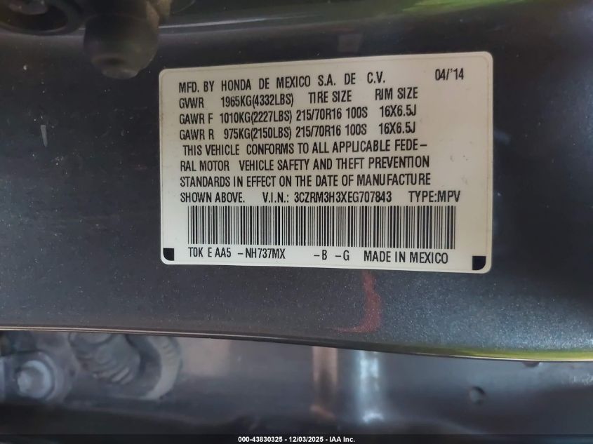 2014 Honda Cr-V Lx VIN: 3CZRM3H3XEG707843 Lot: 43830325