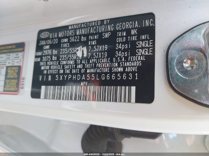 2020 Kia Sorento 3.3L Ex VIN: 5XYPHDA55LG665631 Lot: 43830328