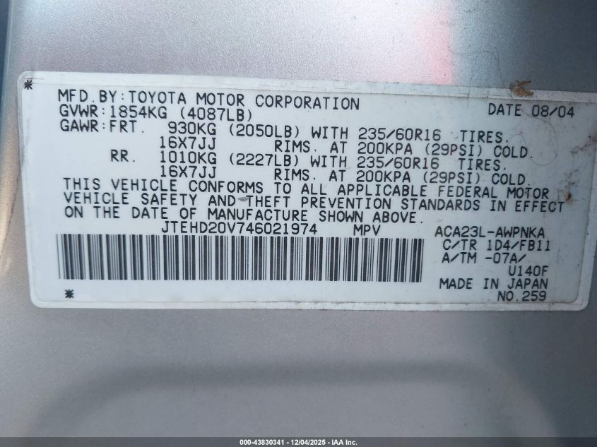 2004 Toyota Rav4 VIN: JTEHD20V746021974 Lot: 43830341