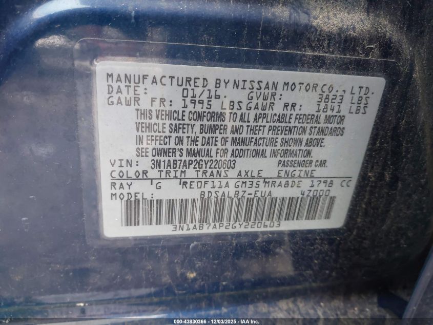 2016 Nissan Sentra S VIN: 3N1AB7AP2GY220603 Lot: 43830366