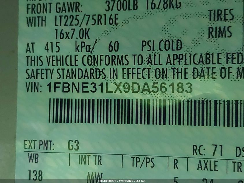 2009 Ford E-350 Super Duty Xl/Xlt VIN: 1FBNE31LX9DA56183 Lot: 43830370