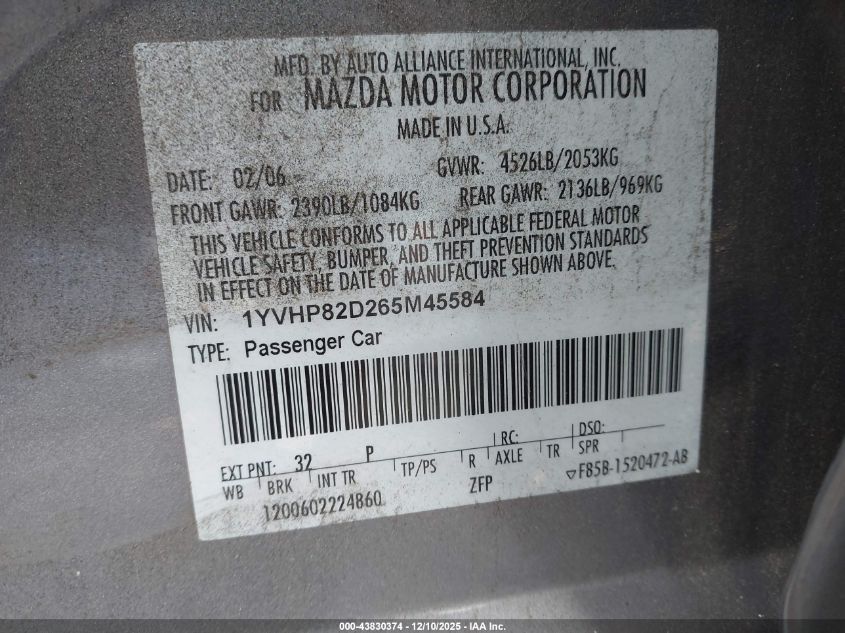 2006 Mazda Mazda6 S VIN: 1YVHP82D265M45584 Lot: 43830374