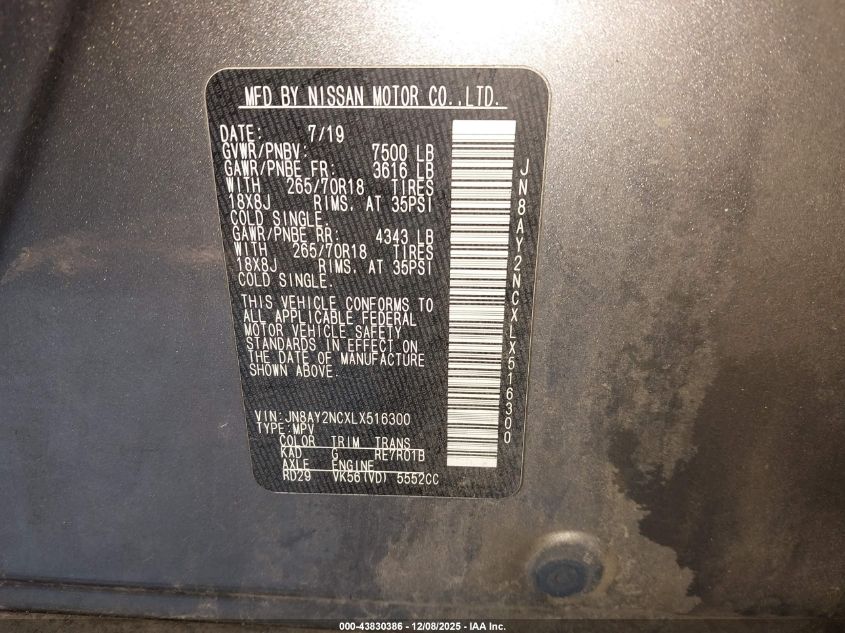 2020 Nissan Armada Sv 4Wd VIN: JN8AY2NCXLX516300 Lot: 43830386