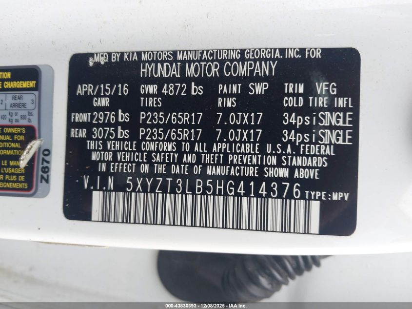 2017 Hyundai Santa Fe Sport 2.4L VIN: 5XYZT3LB5HG414376 Lot: 43830393