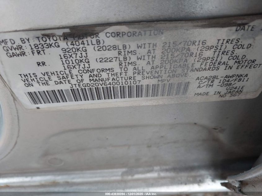 2004 Toyota Rav4 VIN: JTEGD20V640010107 Lot: 43830394