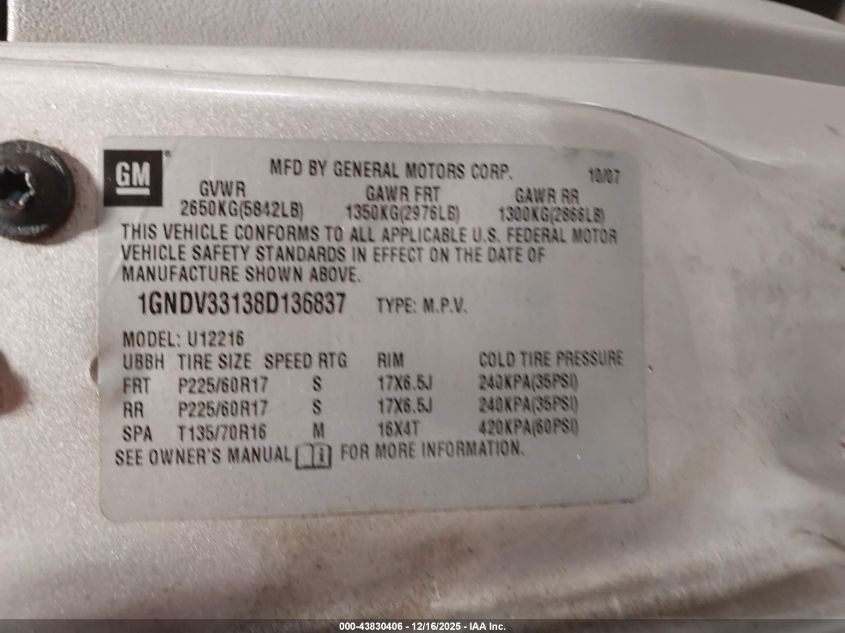 2008 Chevrolet Uplander Lt VIN: 1GNDV33138D136837 Lot: 43830406