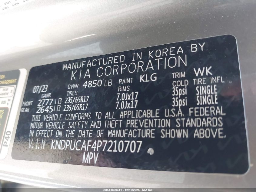 2023 Kia Sportage Lx VIN: KNDPUCAF4P7210707 Lot: 43830411