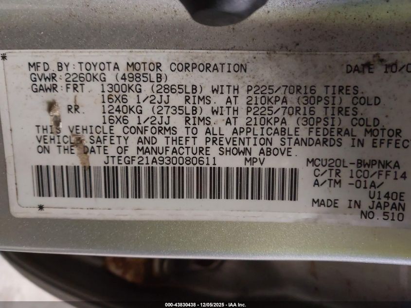 2003 Toyota Highlander Limited V6 VIN: JTEGF21A930080611 Lot: 43830438