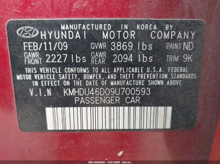2009 Hyundai Elantra Gls VIN: KMHDU46D09U700593 Lot: 43830445