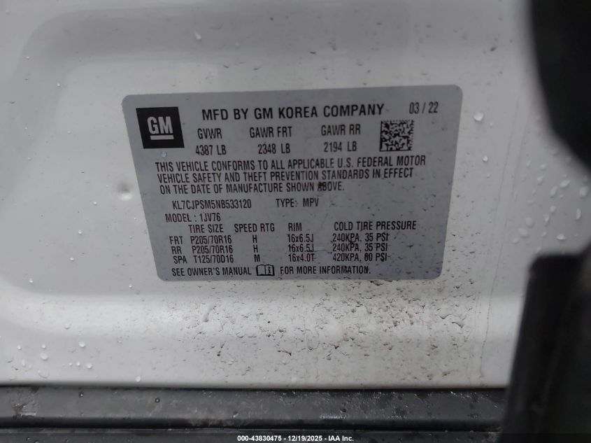 2022 Chevrolet Trax Awd Lt VIN: KL7CJPSM5NB533120 Lot: 43830475