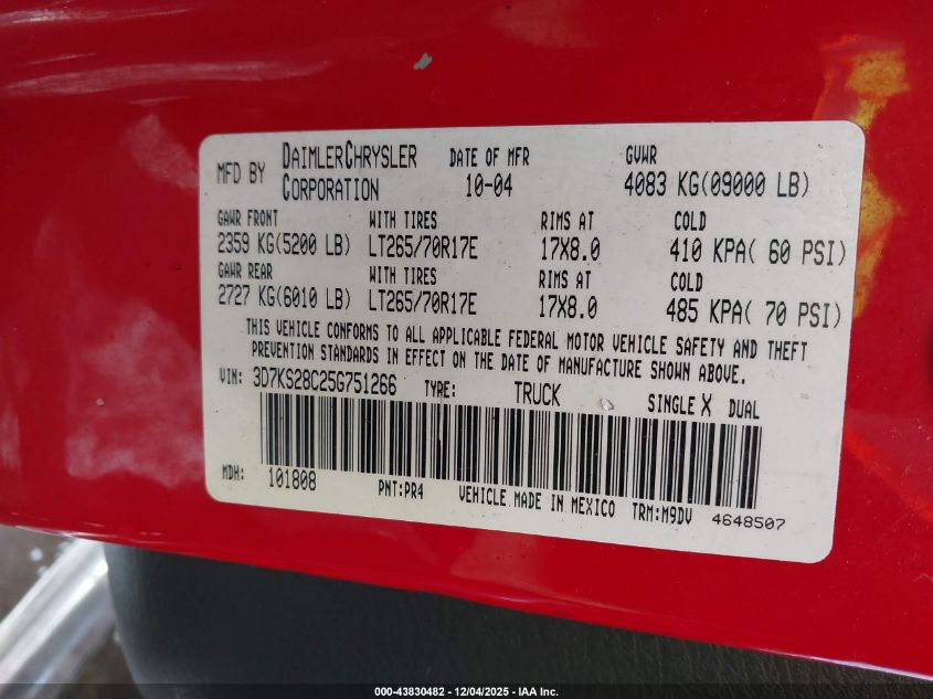 2005 Dodge Ram 2500 Slt/Laramie VIN: 3D7KS28C25G751266 Lot: 43830482