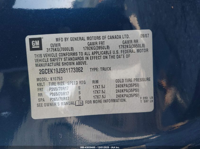 2008 Chevrolet Silverado 1500 Lt1 VIN: 2GCEK19J581173062 Lot: 43830485