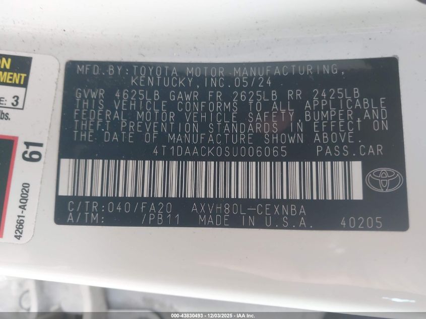 2025 Toyota Camry Le VIN: 4T1DAACK0SU006065 Lot: 43830493