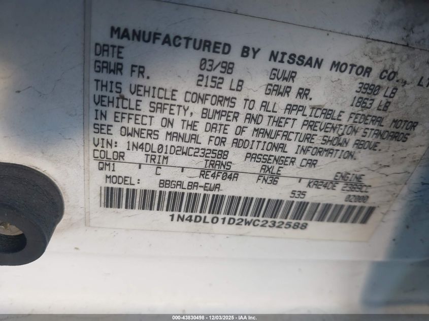 1998 Nissan Altima Gle/Gxe/Se/Xe VIN: 1N4DL01D2WC232588 Lot: 43830498