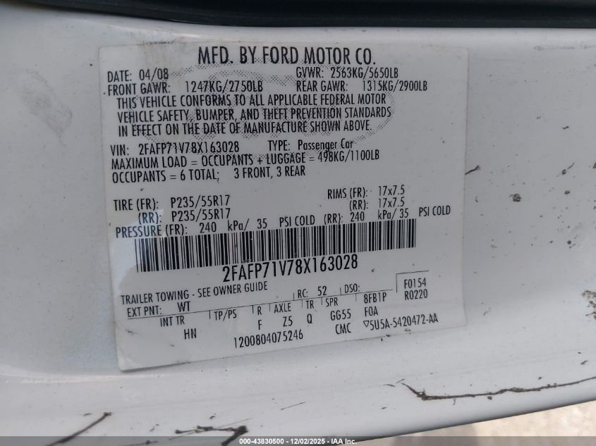 2008 Ford Crown Victoria Police/Police Interceptor VIN: 2FAFP71V78X163028 Lot: 43830500